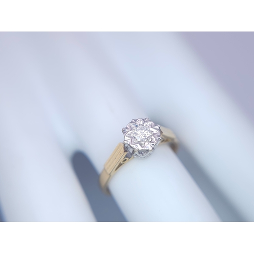 348 - AN 18K YELLOW GOLD DIAMOND SOLITAIRE RING. 3.4G. SIZE O.