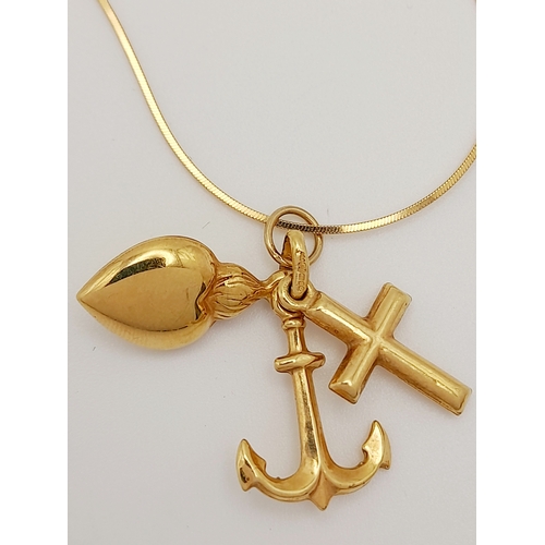 451 - A 9k yellow gold box chain necklace with a 9k yellow gold faith, hope and love pendant, 4.1g total w... 