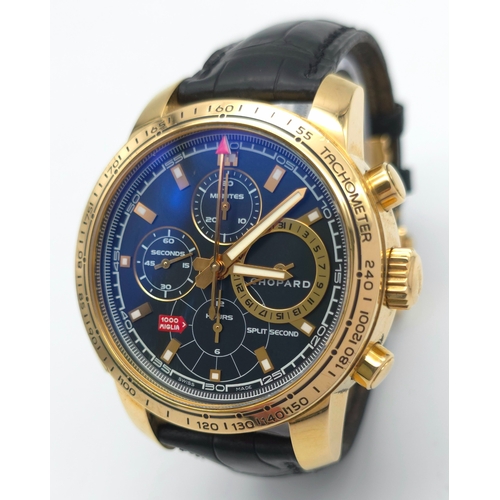 46 - A Limited Edition (195/250) Chopard 18K Gold Mille Miglia Chronograph Gents Watch. Black leather str... 