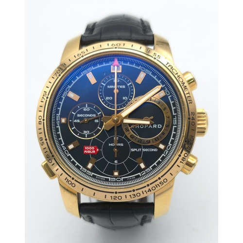 46 - A Limited Edition (195/250) Chopard 18K Gold Mille Miglia Chronograph Gents Watch. Black leather str... 