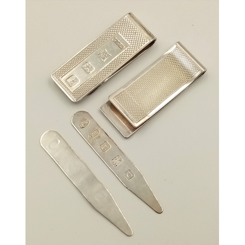 528 - Two Sterling Silver Money Clips and Two Sterling Silver Shirt Collar Inserts. 40g total weight. Ref:... 