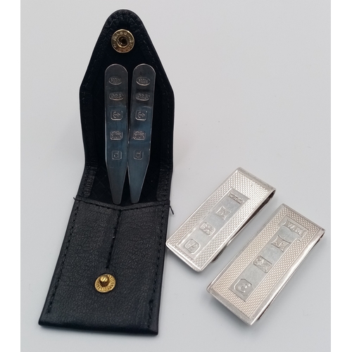 528 - Two Sterling Silver Money Clips and Two Sterling Silver Shirt Collar Inserts. 40g total weight. Ref:... 