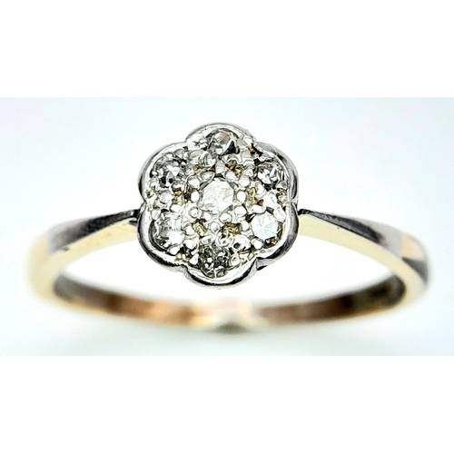 100 - AN 18K YELLOW GOLD & PLATINUM VINTAGE DIAMOND CLUSTER RING. Size R, 3.1g total weight. Ref: SC 8065