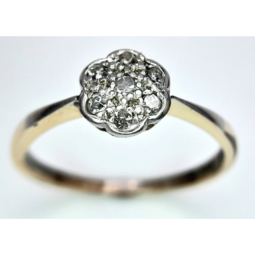 100 - AN 18K YELLOW GOLD & PLATINUM VINTAGE DIAMOND CLUSTER RING. Size R, 3.1g total weight. Ref: SC 8065