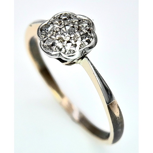 100 - AN 18K YELLOW GOLD & PLATINUM VINTAGE DIAMOND CLUSTER RING. Size R, 3.1g total weight. Ref: SC 8065