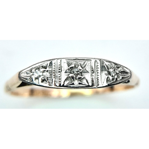 467 - AN 18K YELLOW GOLD & PLATINUM 3 STONE VINTAGE DIAMOND RING. Size N, 1.3g total weight. Ref: SC 8062