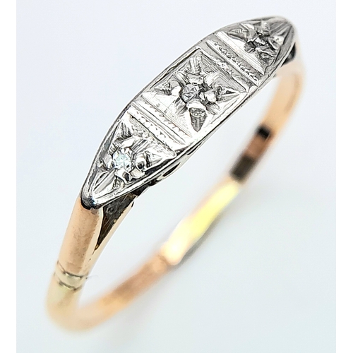 467 - AN 18K YELLOW GOLD & PLATINUM 3 STONE VINTAGE DIAMOND RING. Size N, 1.3g total weight. Ref: SC 8062