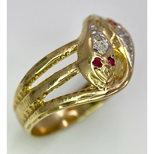 313 - A 9K YELLOW GOLD DIAMOND & RUBY DOUBLE SERPENT RING! 5.3G. SIZE Q.