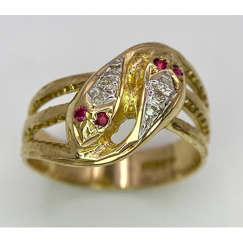 313 - A 9K YELLOW GOLD DIAMOND & RUBY DOUBLE SERPENT RING! 5.3G. SIZE Q.