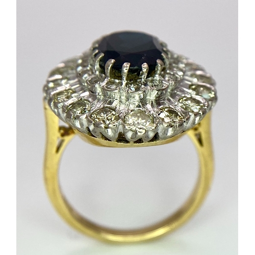 248 - A Breath-Taking 18K Yellow Gold, Sapphire and Diamond Dress Ring. Central oval cut 3ct sapphire with... 