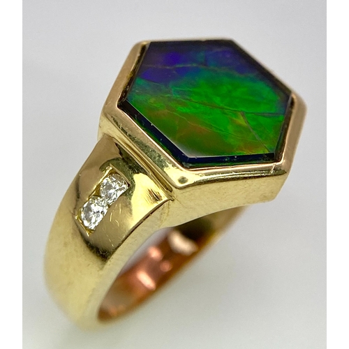 310 - A Very Different, 14K Gold, Ammolite and Diamond Ring. Hexagonal shape. Size L. 6.3g total weight. R... 