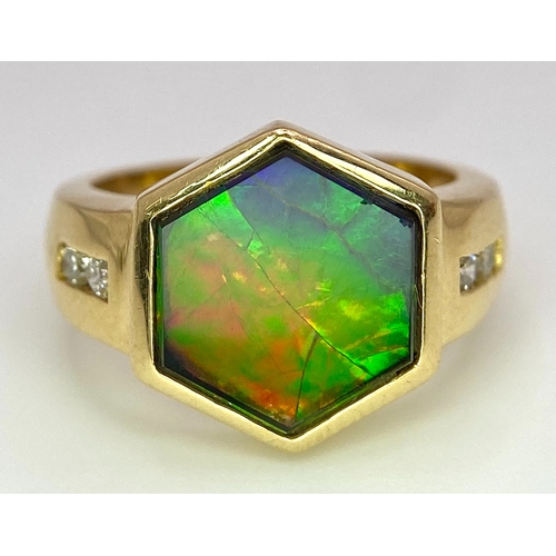 310 - A Very Different, 14K Gold, Ammolite and Diamond Ring. Hexagonal shape. Size L. 6.3g total weight. R... 