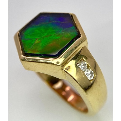 310 - A Very Different, 14K Gold, Ammolite and Diamond Ring. Hexagonal shape. Size L. 6.3g total weight. R... 