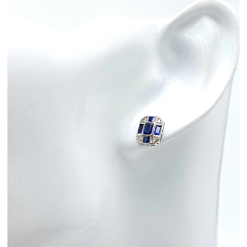 361 - An Exquisite Pair of Vintage 9K White Gold, Diamond and Sapphire Art Deco Design Stud Earrings. 1cm ... 