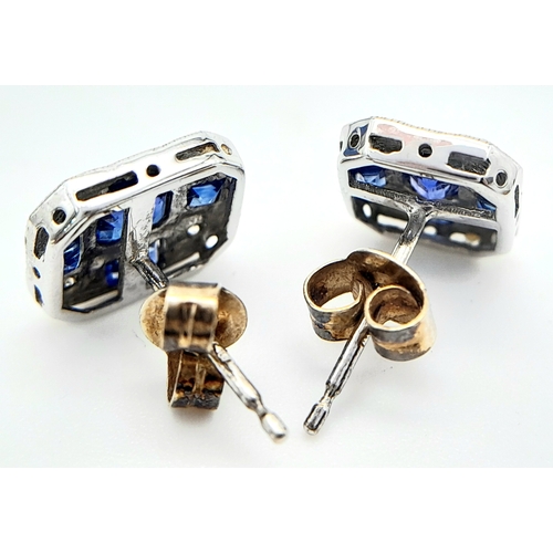 361 - An Exquisite Pair of Vintage 9K White Gold, Diamond and Sapphire Art Deco Design Stud Earrings. 1cm ... 