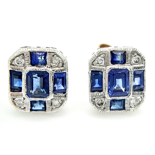 361 - An Exquisite Pair of Vintage 9K White Gold, Diamond and Sapphire Art Deco Design Stud Earrings. 1cm ... 