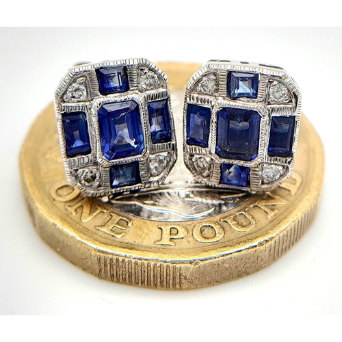 361 - An Exquisite Pair of Vintage 9K White Gold, Diamond and Sapphire Art Deco Design Stud Earrings. 1cm ... 