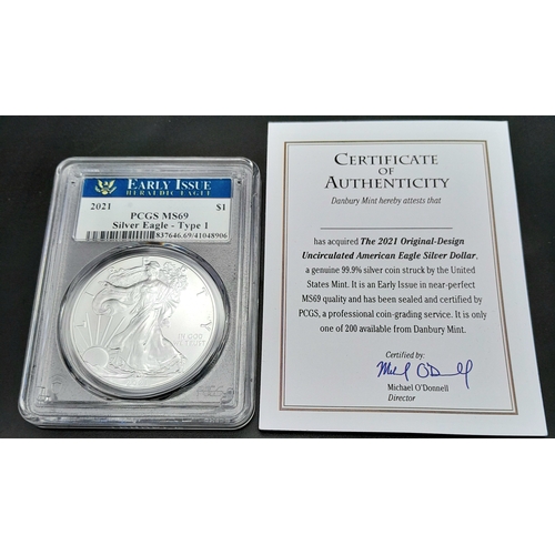 536 - A Limited Edition (1 of 200), Early Issue Fine Silver Slabbed and Cased 2021 Silver Eagle with Certi... 