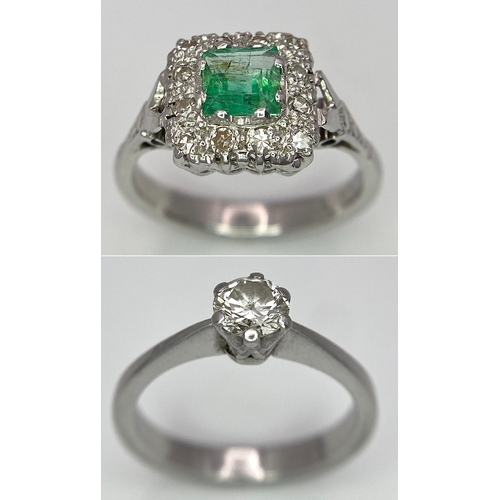 303 - Two Platinum Gemstone Rings. 0.50ct diamond solitaire - size L and an emerald with diamond surround ... 