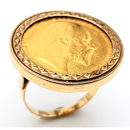 330 - A 9 K yellow gold ring with a full 1902 sovereign which is not welded to the ring and can easily be ... 