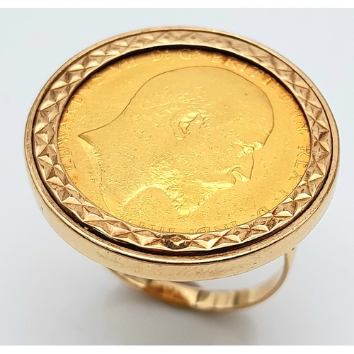 330 - A 9 K yellow gold ring with a full 1902 sovereign which is not welded to the ring and can easily be ... 