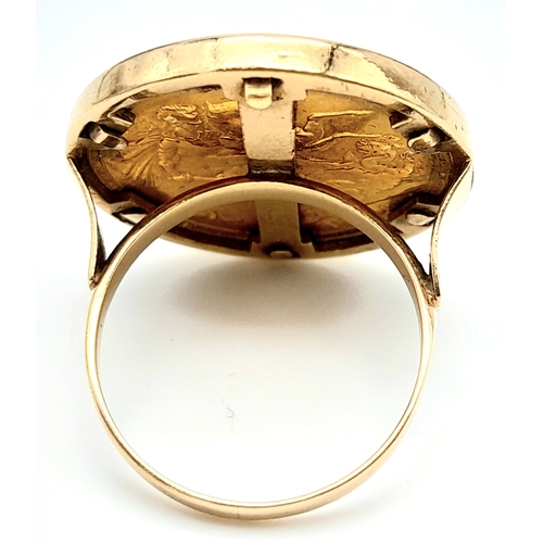 330 - A 9 K yellow gold ring with a full 1902 sovereign which is not welded to the ring and can easily be ... 