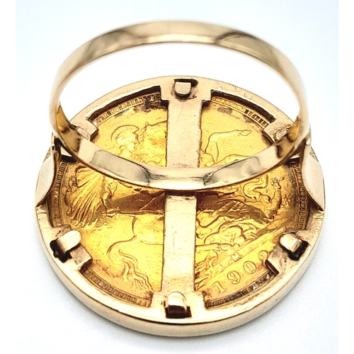 330 - A 9 K yellow gold ring with a full 1902 sovereign which is not welded to the ring and can easily be ... 