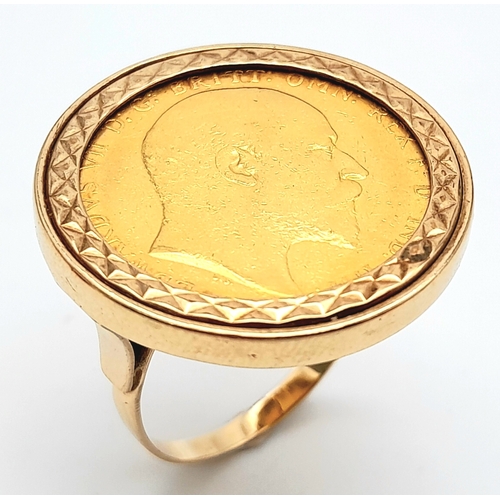 330 - A 9 K yellow gold ring with a full 1902 sovereign which is not welded to the ring and can easily be ... 