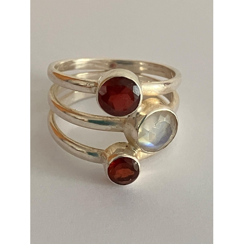 336 - Vintage SILVER RING with ‘triple band’ design. Set with GARNETS and MOONSTONE.Full  UK Hallmark.Havi... 