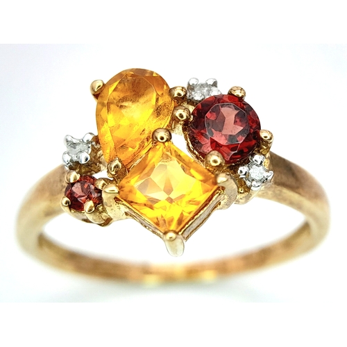 712 - A 9K YELLOW GOLD DIAMOND AND MULTI-GEM SET RING. 2.2G. SIZE N