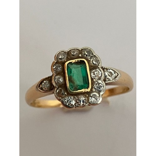 350 - Antique 18 carat yellow GOLD RING set with EMERALD and DIAMONDS.  2.5 grams. Size O 1/2.