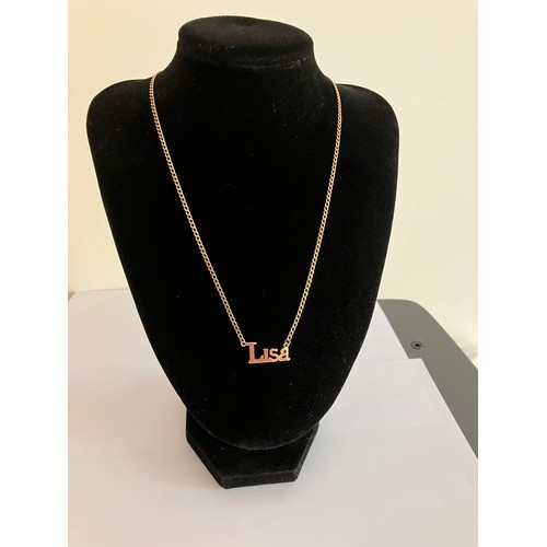 357 - 9 carat GOLD, CURB CHAIN NECKLACE with name of LISA. Full UK hallmark.  5.7 grams. 46 cm.