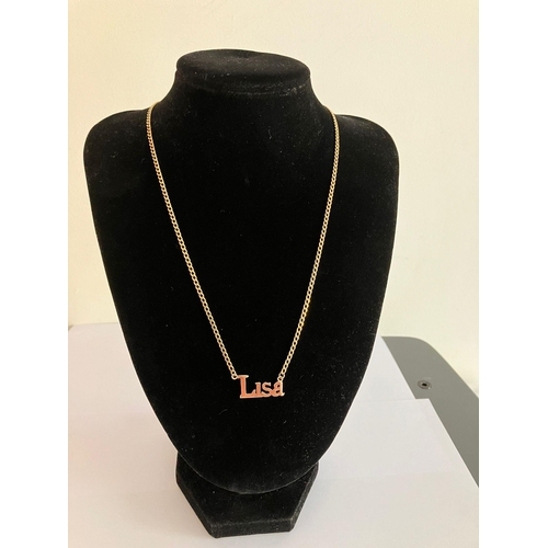 357 - 9 carat GOLD, CURB CHAIN NECKLACE with name of LISA. Full UK hallmark.  5.7 grams. 46 cm.