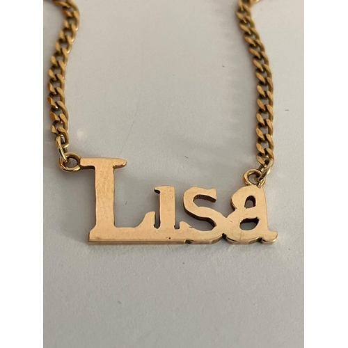 357 - 9 carat GOLD, CURB CHAIN NECKLACE with name of LISA. Full UK hallmark.  5.7 grams. 46 cm.