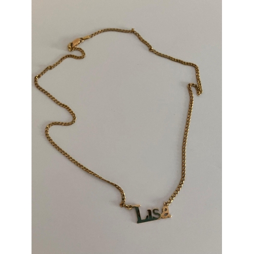 357 - 9 carat GOLD, CURB CHAIN NECKLACE with name of LISA. Full UK hallmark.  5.7 grams. 46 cm.