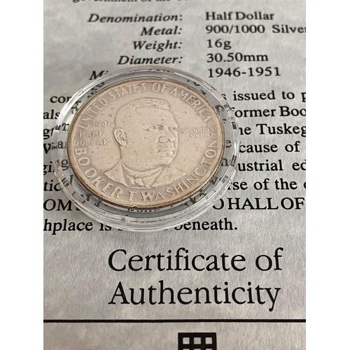 392 - 1946 SILVER BOOKER T WASHINGTON HALF DOLLAR. Condition extra fine/brilliant. Complete with capsule a... 