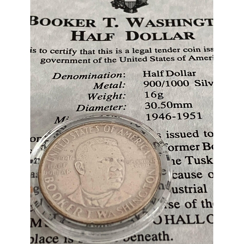 392 - 1946 SILVER BOOKER T WASHINGTON HALF DOLLAR. Condition extra fine/brilliant. Complete with capsule a... 