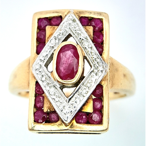 599 - A 9K YELLOW GOLD VINTAGE DIAMOND & RUBY RING. Size M, 4.3g total weight. Ref: SC 8037