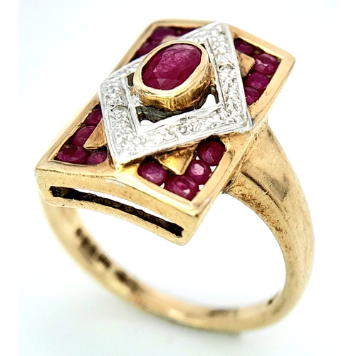 599 - A 9K YELLOW GOLD VINTAGE DIAMOND & RUBY RING. Size M, 4.3g total weight. Ref: SC 8037