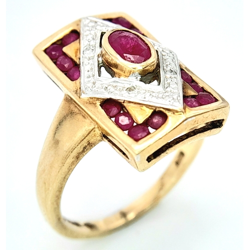 599 - A 9K YELLOW GOLD VINTAGE DIAMOND & RUBY RING. Size M, 4.3g total weight. Ref: SC 8037