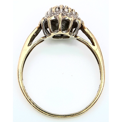 603 - A 9K YELLOW GOLD DIAMOND CLUSTER RING. Size N, 2.1g total weight. Ref: SC 8012