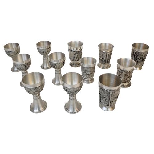 645 - Two Sets (12 total) of German Zinn Ornate Pewter Cups. Six goblets and six slightly different sized ... 