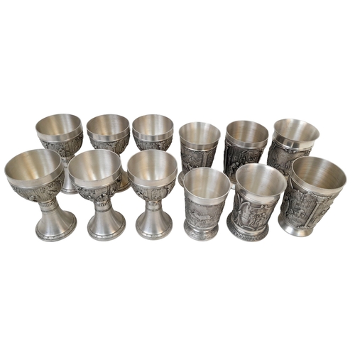 645 - Two Sets (12 total) of German Zinn Ornate Pewter Cups. Six goblets and six slightly different sized ... 