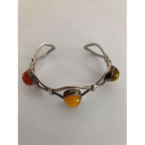 511 - Vintage SILVER OPEN CUFF BANGLE set with coloured AMBER and YELLOW CHALCEDONY GEMSTONES.