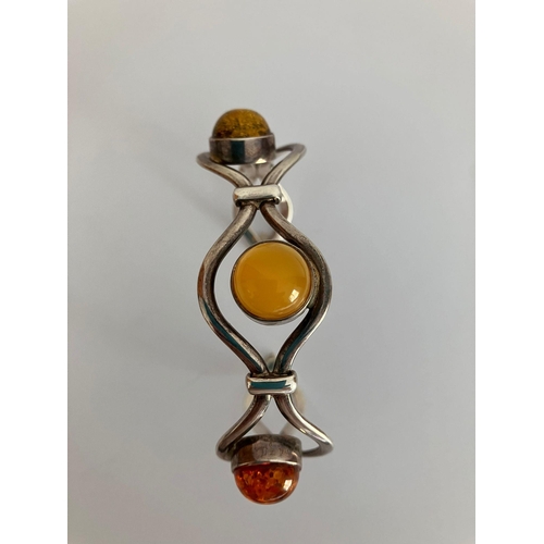 511 - Vintage SILVER OPEN CUFF BANGLE set with coloured AMBER and YELLOW CHALCEDONY GEMSTONES.