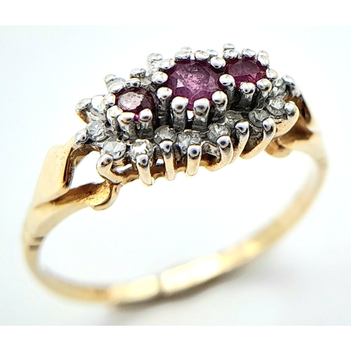 617 - A 9K YELLOW GOLD DIAMOND & RUBY RING. Size K, 1.3g total weight. Ref: SC 8014