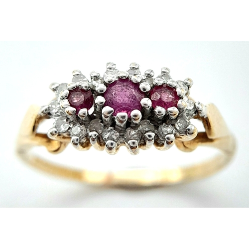 617 - A 9K YELLOW GOLD DIAMOND & RUBY RING. Size K, 1.3g total weight. Ref: SC 8014