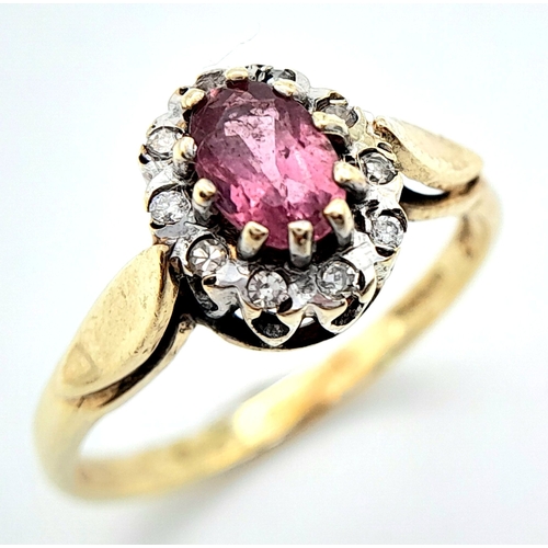 648 - A 9K YELLOW GOLD DIAMOND & PINK SAPPHIRE CLUSTER RING. Size L, 2.3g total weight. Ref: SC 8023