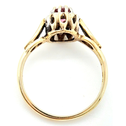 648 - A 9K YELLOW GOLD DIAMOND & PINK SAPPHIRE CLUSTER RING. Size L, 2.3g total weight. Ref: SC 8023