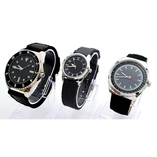 612 - Three Boxed with Papers, Military Designed Watches. Comprising: 1) French Army Watch (40mm Case), 2)... 